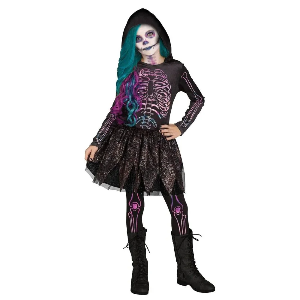 Girls Skeleton Costume Dress Set M 8-10 Hooded Spooky Halloween